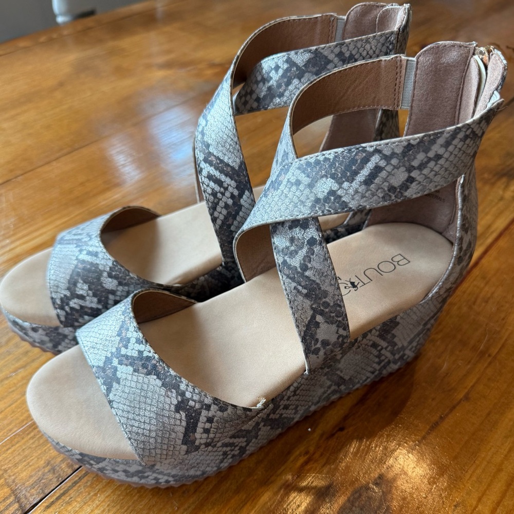 Gray Snake Print Wedge Sandals